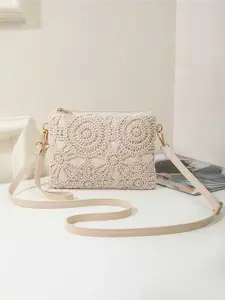 Stylish Woven Straw Bag for Women, Korean Fashion Crochet Hollow Beach Handbag, Vintage Floral Shoulder Purse for Casual Use