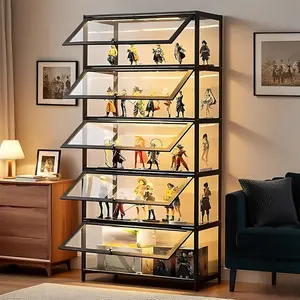 Bamboo 5 Tier Glass Display Cabinet, Multifunctional Display Shelf and Curio Case for Lego Collectibles Cards and Toys, Practical Bookcase for Playroom Bedroom Living Room and Daily Organization