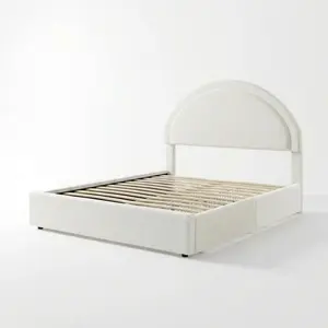 Garvee Boucle Upholstered Queen Size Bed Frame with 2 Under-Bed Storage Drawers, Round Headboard Platform Bed, Heavy Duty & Noise Free - No Box Spring Required,White