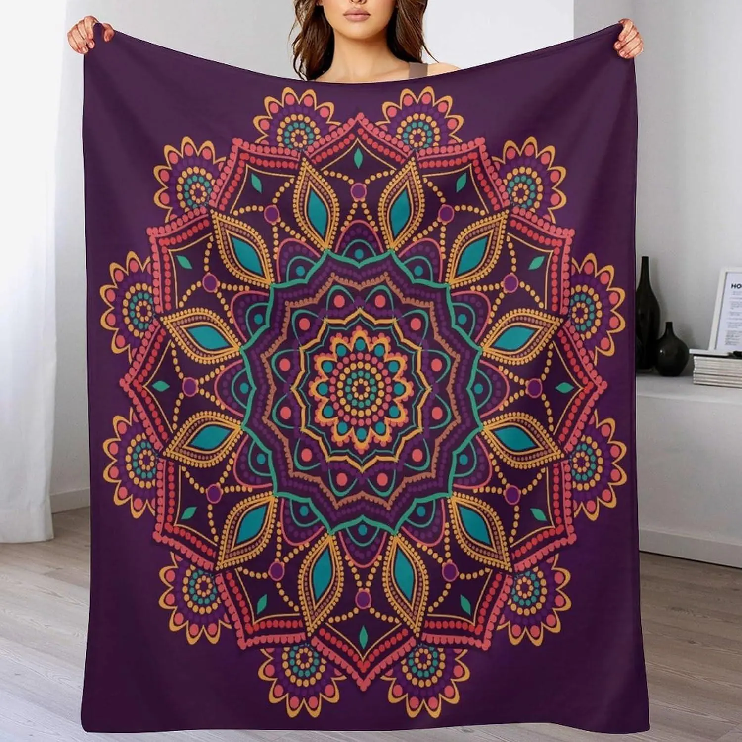 Mandala Throw Blanket, Indian Hippie Bohemian Art Floral Texture Pattern, Flower Boho Bohemian Style Art Colorful Graphic Blankets for Sofa, Bed 50"x60", Flower Blankets