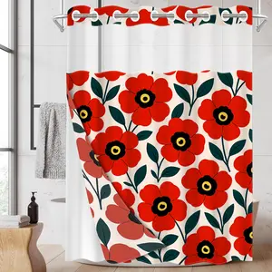 1PC Double Layer Shower Curtain, No Hooks, Scandinavian Red Floral Print Waterproof Fabric, Retro Flower Bathroom Decor, Bright Whimsical Aesthetic, Hotel Bathroom Accessory, Detachable Buckle Shower Curtain and Liner, Bathroom Room Divider