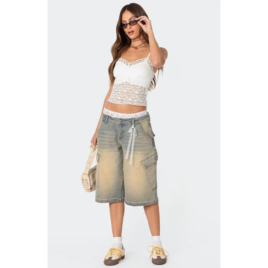 Edikted Women's Lace Boxer Denim Bermuda Shorts