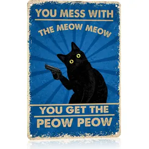 Vintage Tin Signs Cat Meow Meow Peow Peow Quote Wall Art 8x12 Inch Farmhouse Style Decor for Home Bathroom Kitchen Bar Coffee Shop