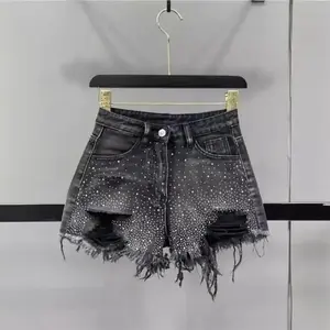 Women’s New Diamond Denim Shorts with Distressed Rips and Wide Legs