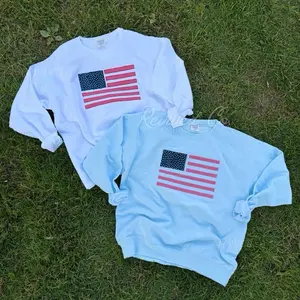American Flag Appliqué Lightweight Sweatshirt Embroidered USA Crewneck Unisex Sweater