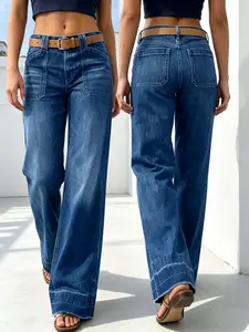 straight leg loose fit Wide Leg Jeans for Women Spring Mid Rise Baggy Stretchy Cute Casual Trendy RawHem Denim Pants