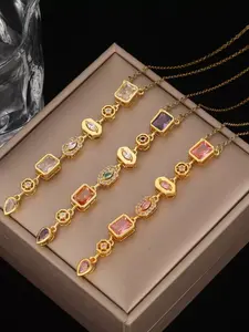 Women's Colorful Crystal Pendant, Bohemian Fashion Alloy Chain Necklace Set, Casual Daily Wear, Festival Gift Idea