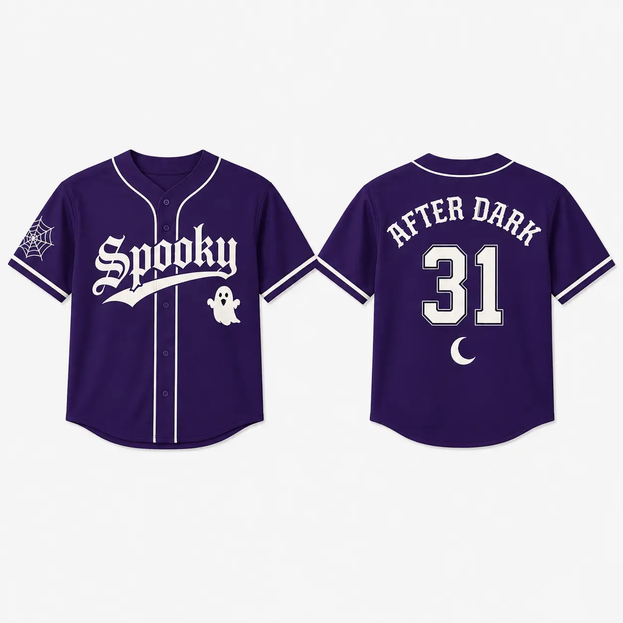 Spooky After Dark Baseball Jersey, Purple Ghost Number 31 Button Up Shirt, Unisex Halloween Night Outfit
