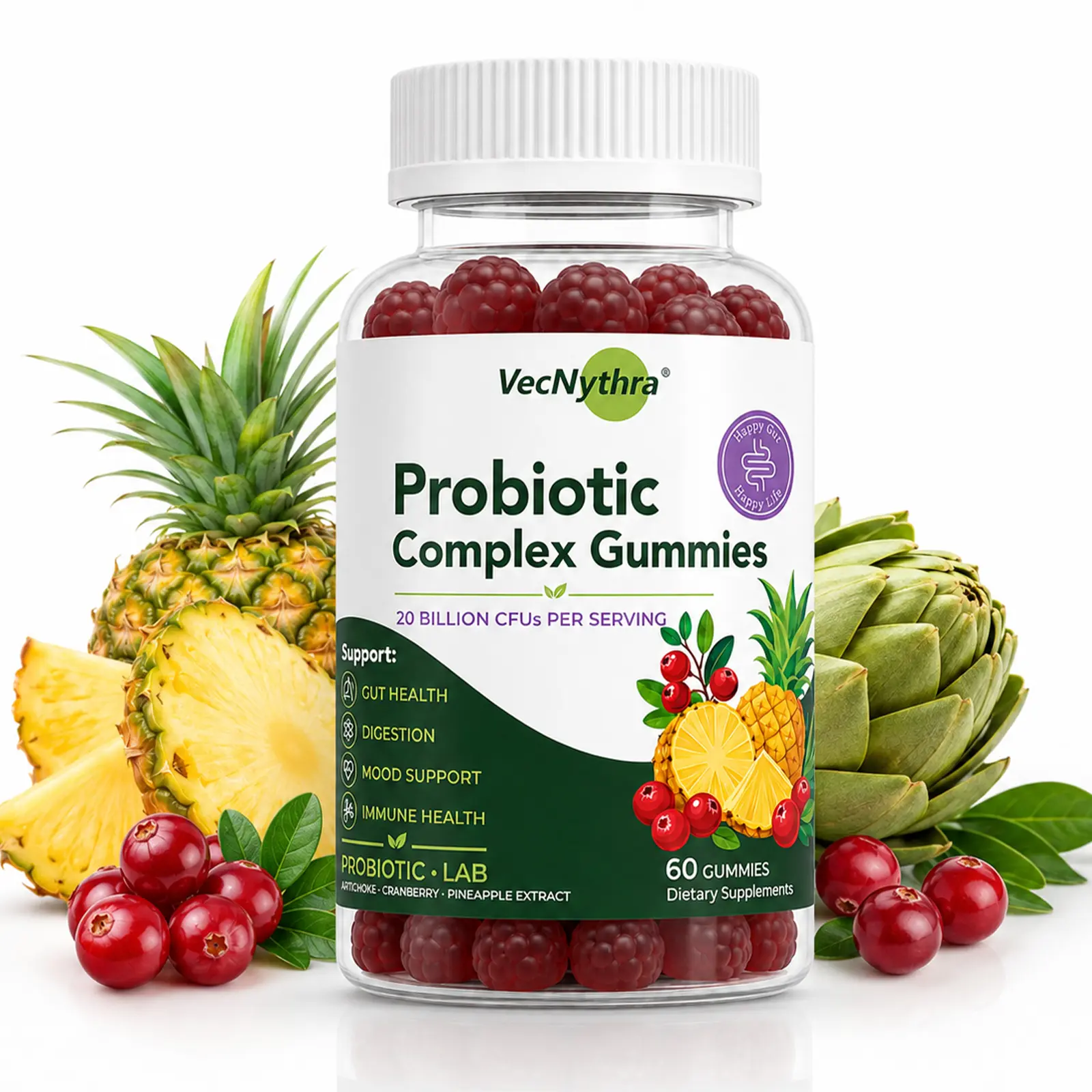 VecNythra Women's Probiotic Gummies, 60 Count, 20B CFU per Serving, 8-Strain Cranberry Mix Blend with Pineapple & Vitamin C, Digestive Health Supplement, 60 Gummies