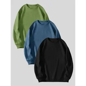 Men's Solid Drop Shoulder Sweatshirt, Loose Casual Long Sleeve Round Neck Pullover for Spring & Fall, Men's Clothes for Daily Wear