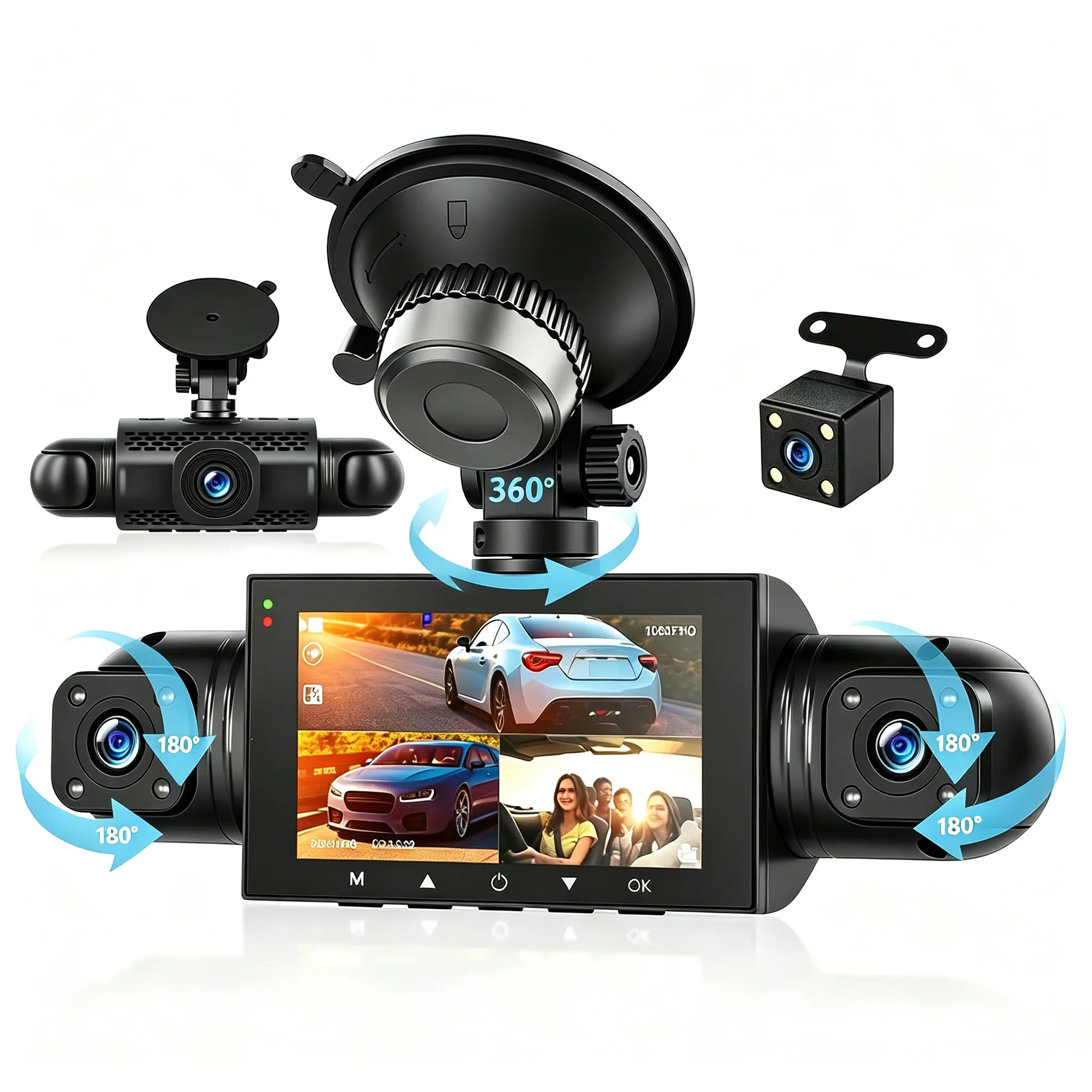 360° View 4 Channel Dash Cam Front and Rear Left Right Inside Camera for Cars, DVR Dashcam with 8 IR Night Vision, Wide Angle, 24H Parking Mode, G-Sensor, Included 64GB Card for Loop Recording,  vehicle security camera