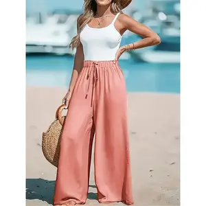 Women’s ice silk pants, drawstring, comfortable wide-leg loose fit, breathable casual fashionable commuter solid-color pants GARMENTARY