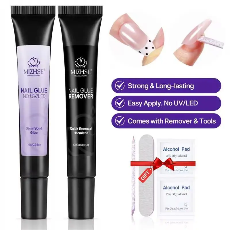 MIZHSE Newly Upgraded Semi Solid Nail Glue Kit - 10g Ultra Strong Press-On Nail Glue, 10ml Remover, Quick Dry, No UV Light Needed, Easy Control