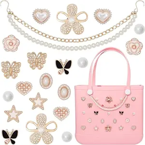 Decorative Charm Kit for Bogg Tote, Butterfly Blossom Accents with Black Gold Highlight and Pearl Chain Detail, Compatible Inserts for Simply Southern Beach Carry Bags