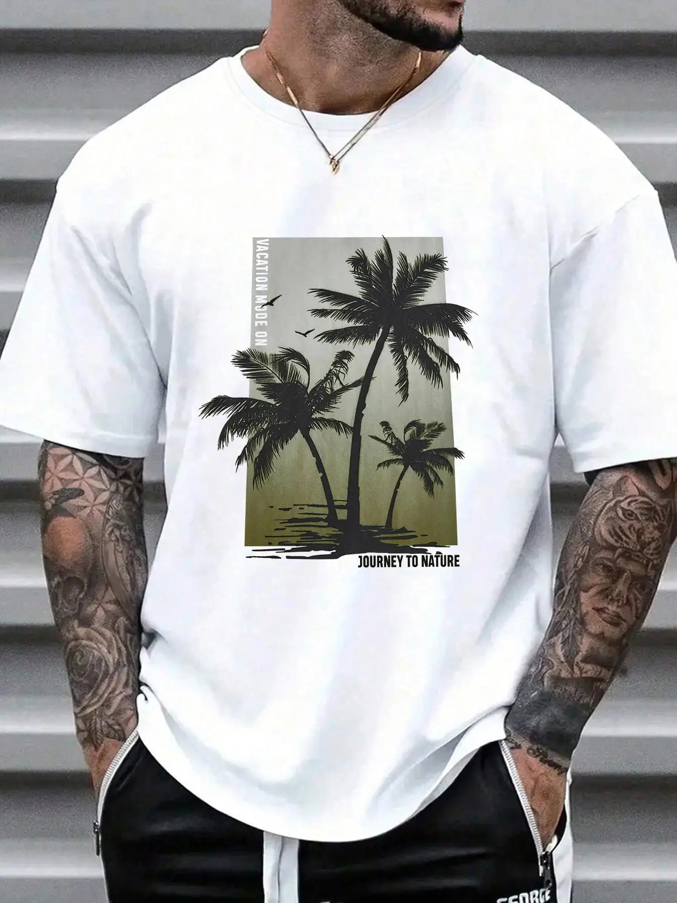 Men's Coconut Tree & Letter Print Drop Shoulder Sleep Tee, Regular Fit Casual Soft Comfortable Short Sleeve Round Neck PJ T-Shirt for Daily Wear, Slee