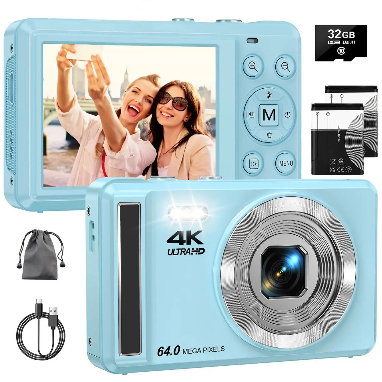 4K Digital Camera with 32 GB TF Card, 64 MP Auto Focus Camera with 16x Digital Zoom, Portable Compact Camera with Rechargeable Battery, USB Cable, Suitable for Teens Adults Beginners Memory Sd camera, Usb Port, Mp4