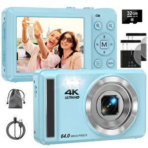 4K Digital Camera with 32 GB TF Card, 64 MP Auto Focus Camera with 16x Digital Zoom, Portable Compact Camera with Rechargeable Battery, USB Cable, Suitable for Teens Adults Beginners Memory Sd camera, Usb Port, Mp4