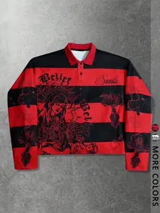 Men's and women's styles, Spring and autumn collection, Long-sleeve polo shirt, Polo tees in Y2K style, St. Mary's and Saints' cross pattern print on black and white checkered stripes with a black collar, suitable for streetwear, couples' outfits, Y2K