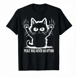 Graphic Tee for Men Women Round Neck Short-Sleeve Casual Fashion Top, Angry Black Cat  with Wolverine Claw Kitten Design, "Peace Was Never An Option" Sarcastic Dark Humor Apparel, Bad Attitude Feline Gift for Cat Owners, Oversized T-Shirt tiktokshopspring