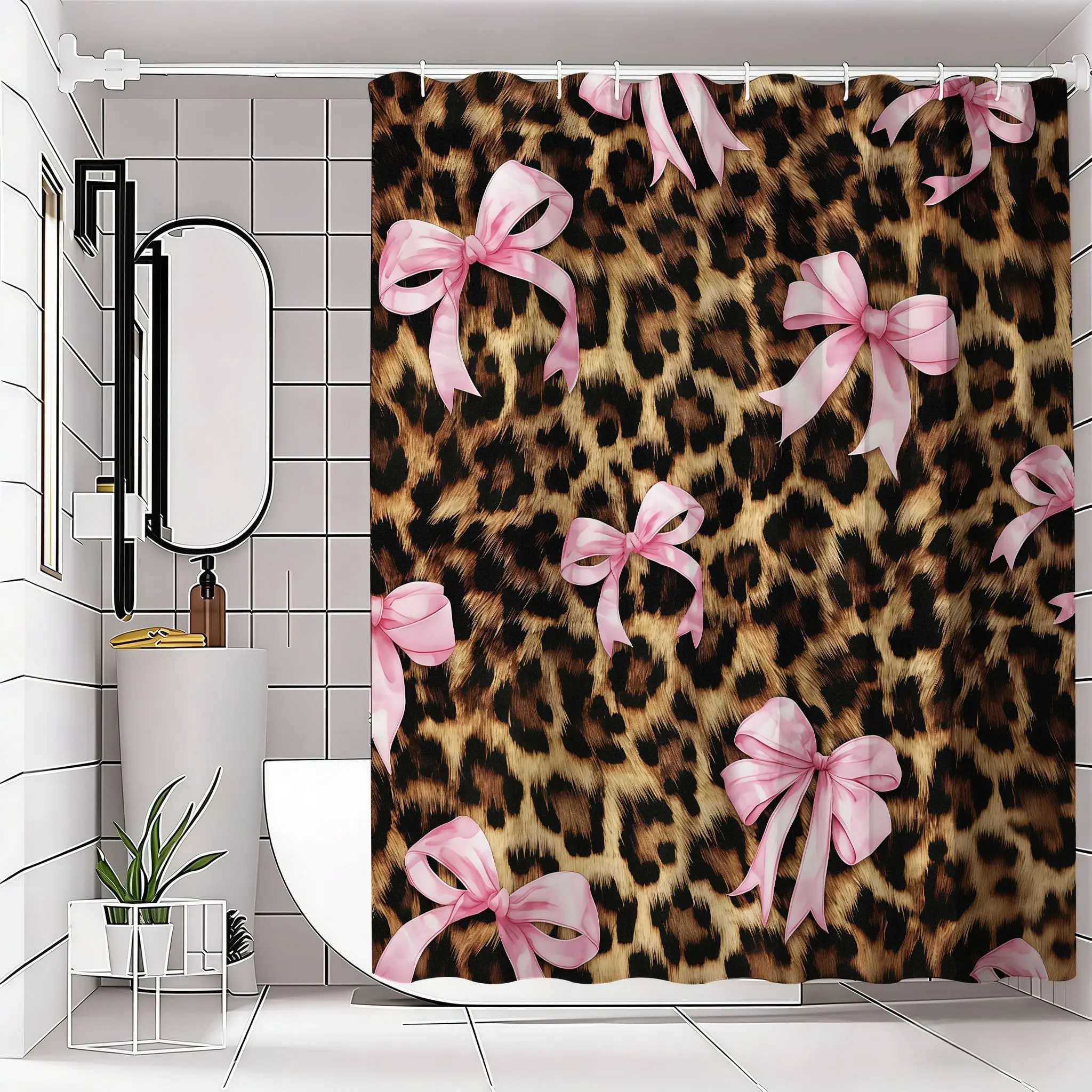 1/4 pcs leopard print and pink bow pattern shower curtain set, non-slip floor mat, U-shaped carpet, toilet lid cover, Bathroom Decor And Accessories, perfect for bathroom decoration, partition, 12 shower curtain hooks are included