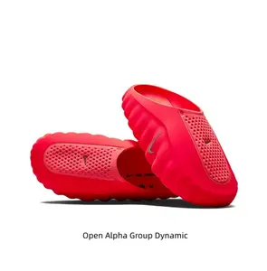 Vibrant Red Thick-Soled Mule Slides, Orange Cushioning Massage Outsole, Perforated Upper, Pre-Game Recovery Tech Slides