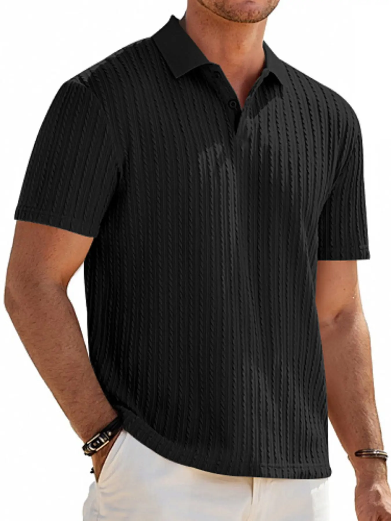 Texture jacquard Button Down Polo Shirt Top, breathable and comfortable, simple and versatile, suitable for both office wear and casual outings