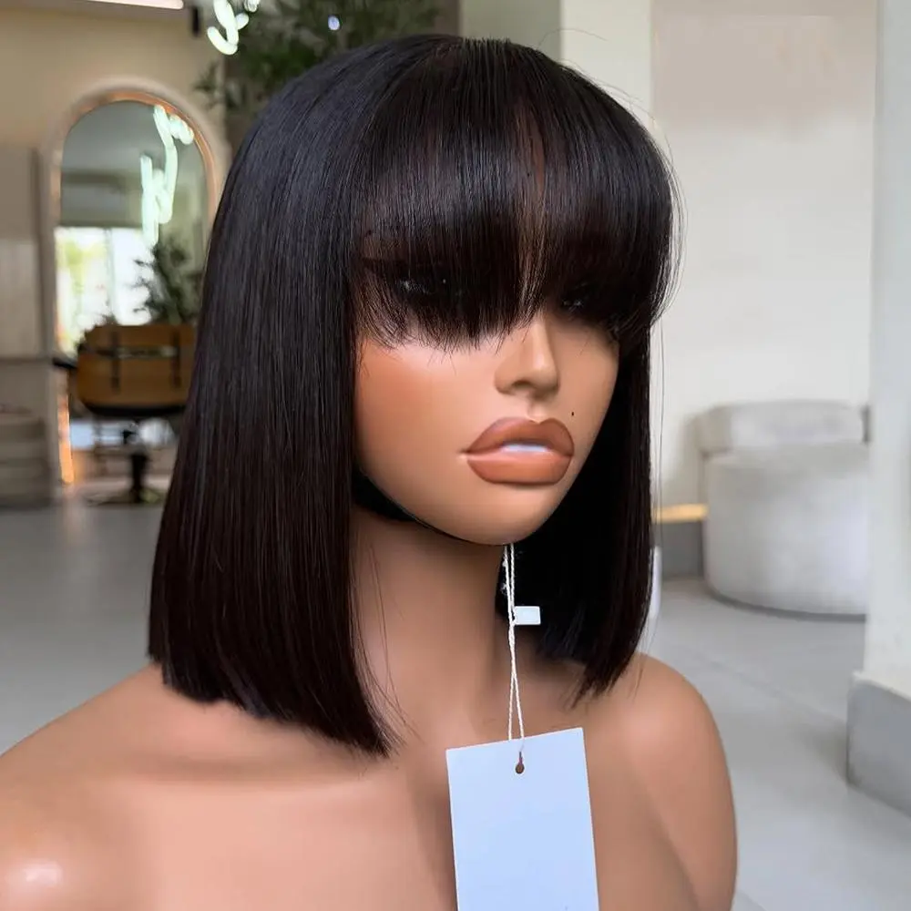 Straight Short Natural Black 180% Density Human Hair With Bang 4x1 HD Lace Glueless Blunt Cut Silk Wear to Go Lace Wig Breathable Easy To Install