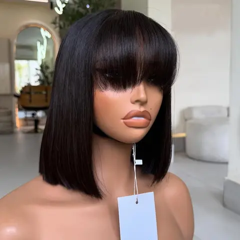 Straight Short Natural Black 180% Density Human Hair With Bang 4x4 HD Lace Glueless Blunt Cut Silk Wear to Go Lace Wig Breathable Easy To Install