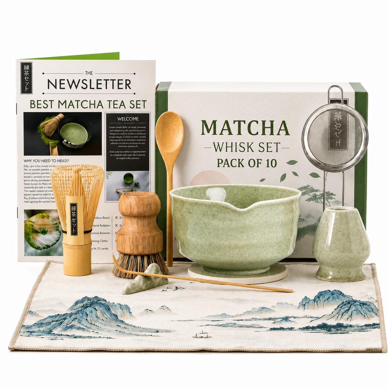 10-Pieces Bamboo Matcha Whisk Set - 450ml Matcha Bowl, Whisk Holder, Scoop, Spoon, Sifter, Scoop Holder, Silicone Coaster, Tea Brush, Cleaning Cloth (Kitchenware Tea-Making Tools for Enthusiasts)