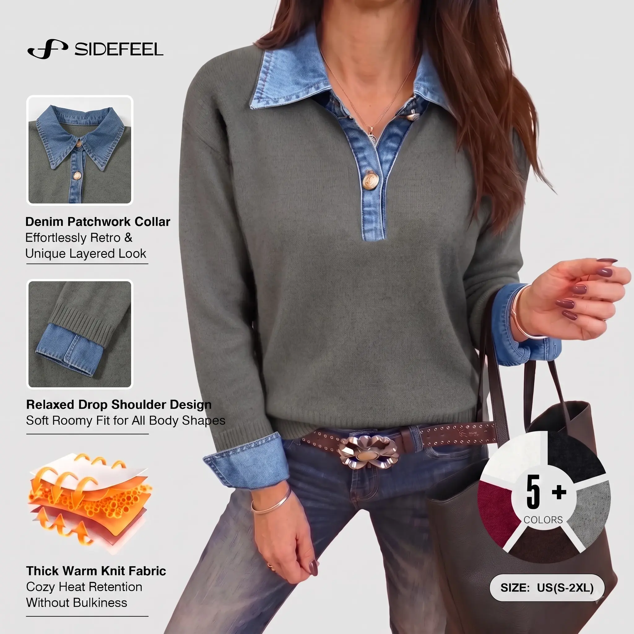 Sidefeel Women's Denim Patchwork Polo Collar Sweater | Thick Warm Knit, Retro Layered Look,Half Button, Long Sleeve, Relaxed Drop Shoulder, Fall and Winter Tops Womenswear