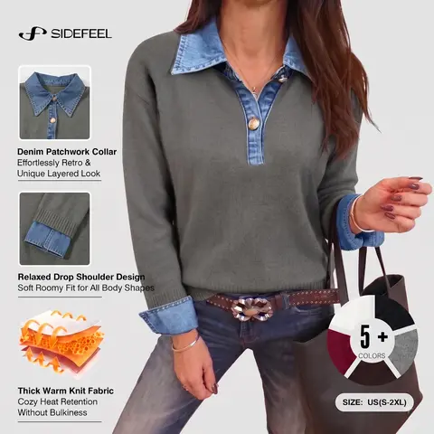 Sidefeel Women's Denim Patchwork Polo Collar Sweater | Thick Warm Knit, Retro Layered Look,Half Button, Long Sleeve, Relaxed Drop Shoulder, Fall and Winter Tops Womenswear