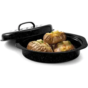 13” Enamel Roaster With Lid Oval Roasting Pan For Oven,Turkey Roaster Pot Broiler Pan Chicken Vegetables Suitable For Dining With Two People High Cookware Small Baking Pan