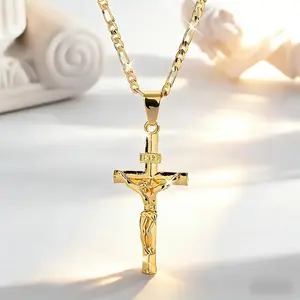 14K gold-plated Jesus cross pendant necklace, vintage style, smooth and exquisite, men's jewelry, suitable for prayer and holiday blessings, everyday wear, elegant pendant, durable chain, Jesus necklace.