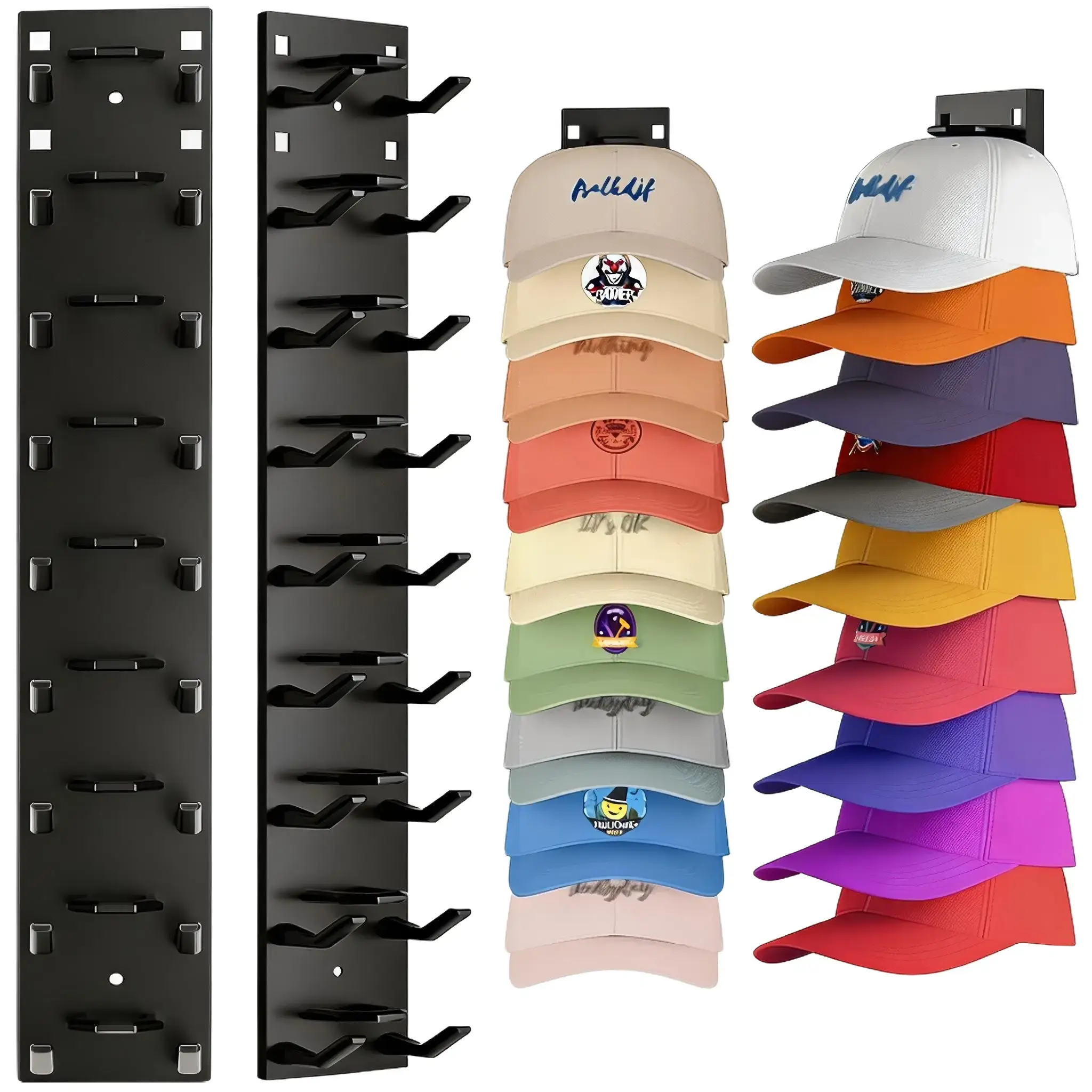 2-Pack Acrylic Cap Holder Hooks - Wall-Mounted Hat Organizer, Adjustable Home Storage for Closet Door, Black/White Home Supply (Holds 18 Hats)