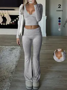2026 Elegant Casual V-Neck Long Sleeve Two-Piece Set, Slim-Fit Crop Top & Pants for Fall Winter, Moderate Fabric, Plain Color Design,Airport Outfit