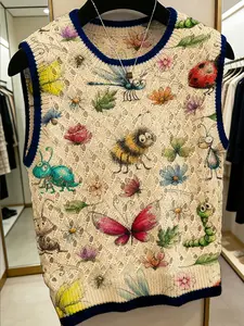 Women's Casual Cartoon Insect Animal Floral Print Round Neck Vest Top, Loose-Fitting Short Knit Sweater Vest for Spring Summer Fall
