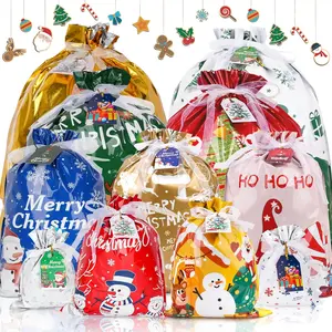 Christmas Drawstring Gifts Bags - 30 Packs Assorted Sizes Christmas Wrapping Bags (Small, Medium, Large, Jumbo) with Colorful Tags, Bulk Foil Wrap Bag for Xmas Presents & Party Favors