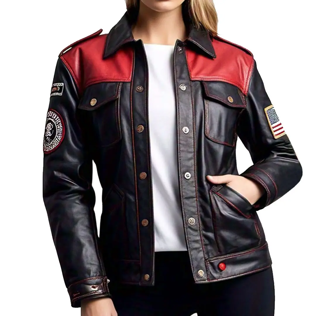 Women’s Black and Red Leather Jacket with Embroidered Patches