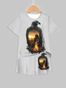 Trendy Set Indian Warrior Full-Print Short Sleeve Top + Shorts, Casual Loose-Fitting, All Seasons Wear