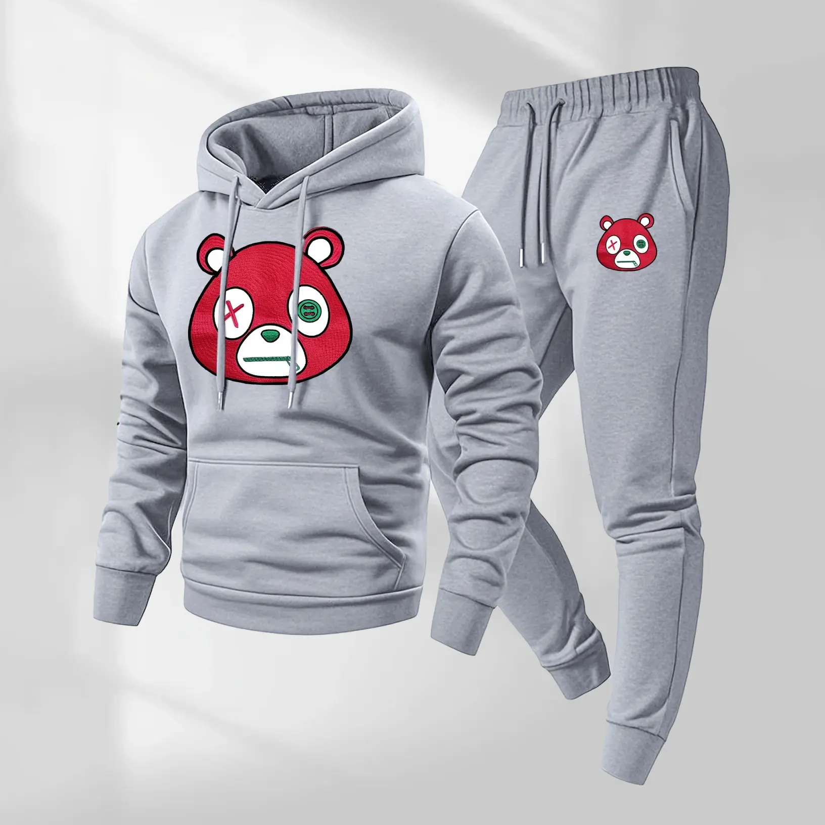 Mens Bear Print Hoodie & Sweatpants Set – Classic Western Style, Cozy Men’s Tracksuit for Beer Fans, Casual Everyday Wear, Fall Winter Essential, Indoor Outdoor Outfit, Tiktok Freeship Us