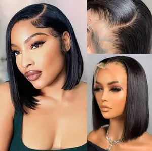 Bob Wig Human Hair 13x4 Hd Lace Front Wigs 180 Density 12 Inch Short Straight Bob Frontal Wigs Transparent Lace Pre Plucked with Baby Hair Glueless Wigs Brazilian Hair for Women Natural Black