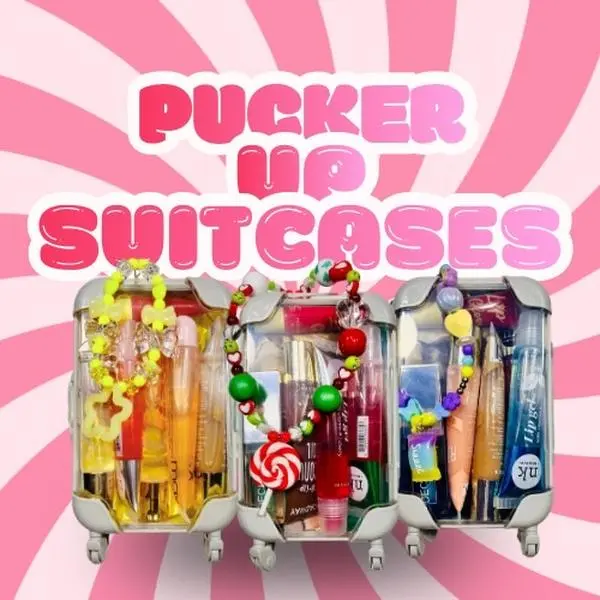 Decoreys PuckerUp Regular Suitcase - 6 Glossy Lip Glosses with 2 Scrunchies & Freebies - Travel-Friendly Size for Kids Teens & Glam-On-The-Go
