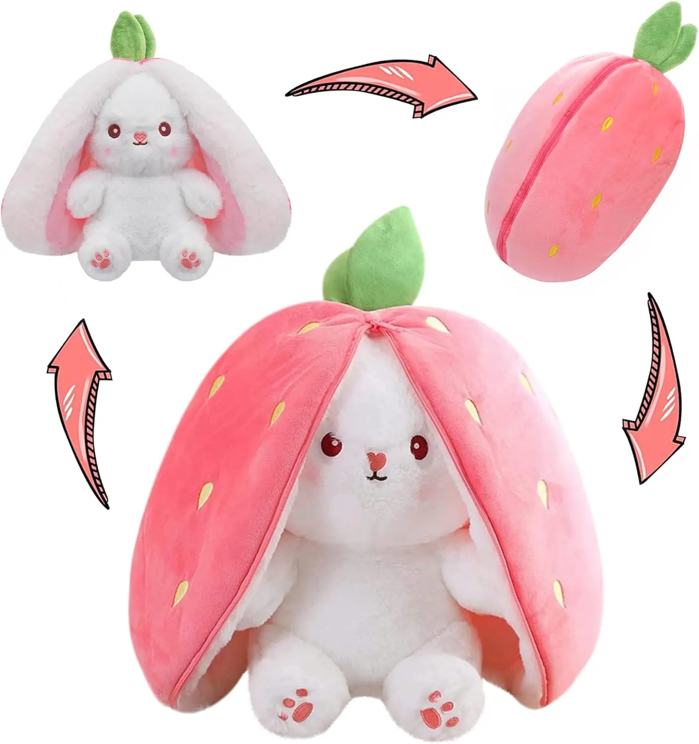 Reversible Bunny Stuffed Animal Plush – Cute Zipper Strawberry Bunny & Carrot Ear Rabbit Toy, Soft Transforming Cuddle Doll for Kids, Easter Basket Gift for Girls & Girlfriend