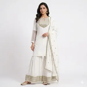 Mirror Work White Heavy Dress for Indian Ladies with Sparkling Bead Embellishments on Collar Womenswear Casual Original