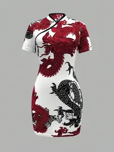 SHEIN Unity Women's Chinese Dragon Print Short Sleeve Fitted Elegant Mini Dress, Summer