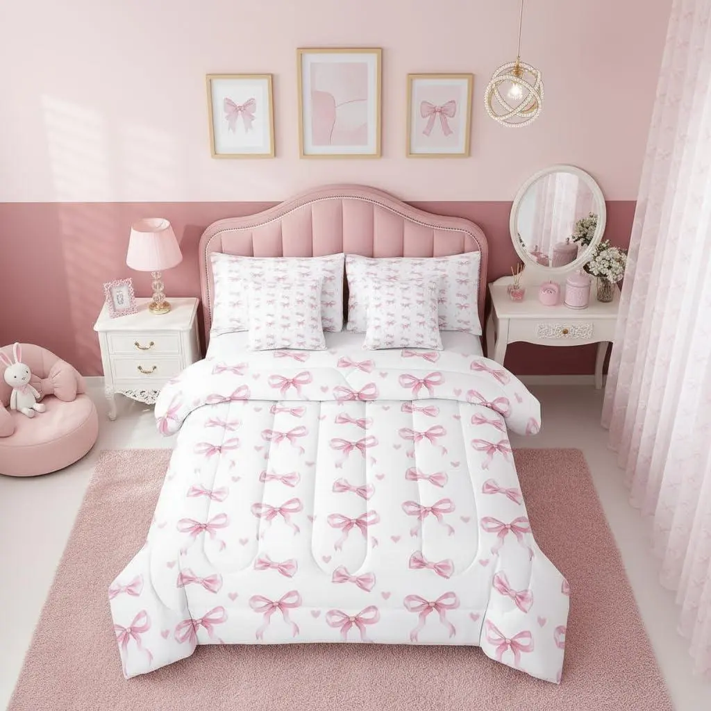 Feelyou 7-Piece Microfiber Bedding Set - Pink Bowknot Preppy Princess-Style Set with Flat Sheet, Fitted Sheet, Soft Breathable Linens for Girls' Bedroom Decor, Soft Breathable Sheet