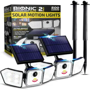 Bionic Flood Light 2 Pk Solar Lights Outdoor , Ultra Bright 89 LEDs, 3 Heads Wide Angle Motion Sensor Outdoor Lights for , Wall, House, Spot Light, IP65  - Stakes Included