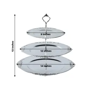 3-Tier Plastic Round Cupcake Stand Metallic Silver with Baroque Rim & Top Handle 13"