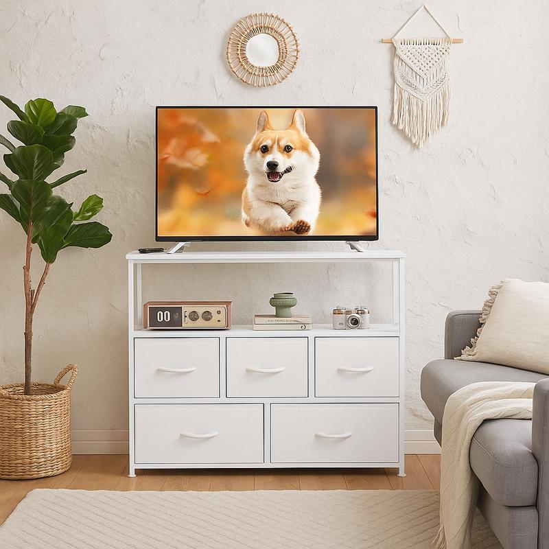 Dresser TV Stand, Entertainment Center with 5 Fabric Drawers, Media Console Table for TV with Open Storage Shelf Dresser