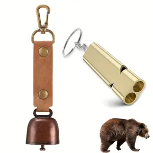Bear Bell and Whistle Set, Durable Polished Metal Construction with Loud Emergency Alarm and Carabiner Clip for Hiking Survival